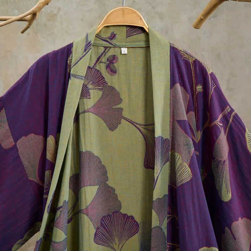 Retro-Kimono aus Baumwolle mit Ginkgoblatt