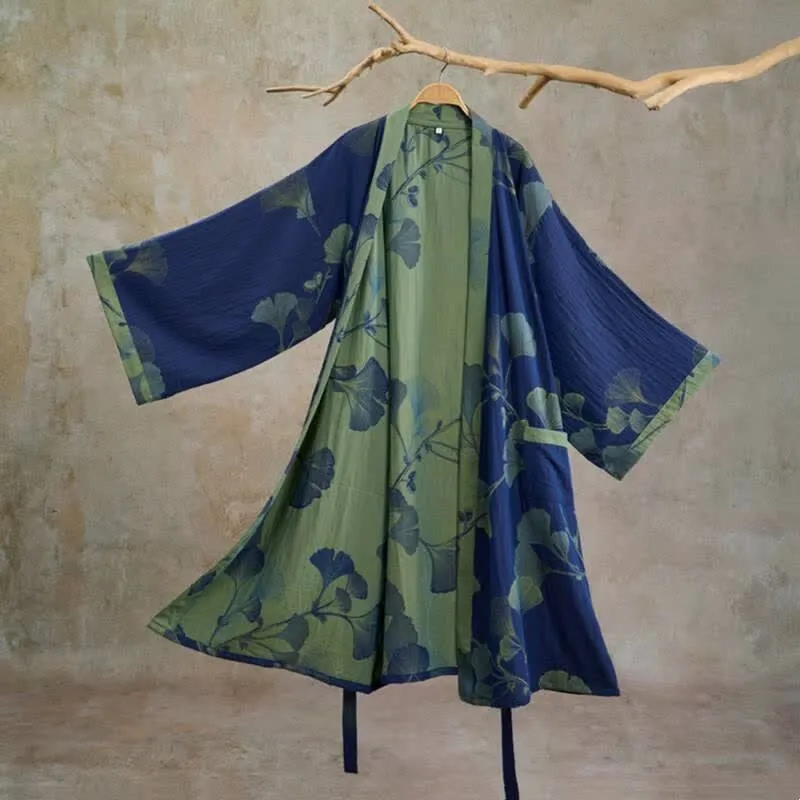 Retro-Kimono aus Baumwolle mit Ginkgoblatt