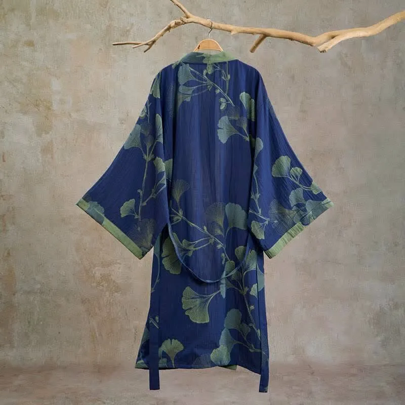 Retro-Kimono aus Baumwolle mit Ginkgoblatt