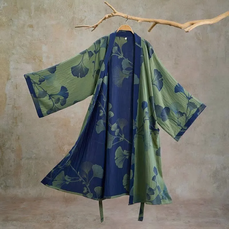 Retro-Kimono aus Baumwolle mit Ginkgoblatt