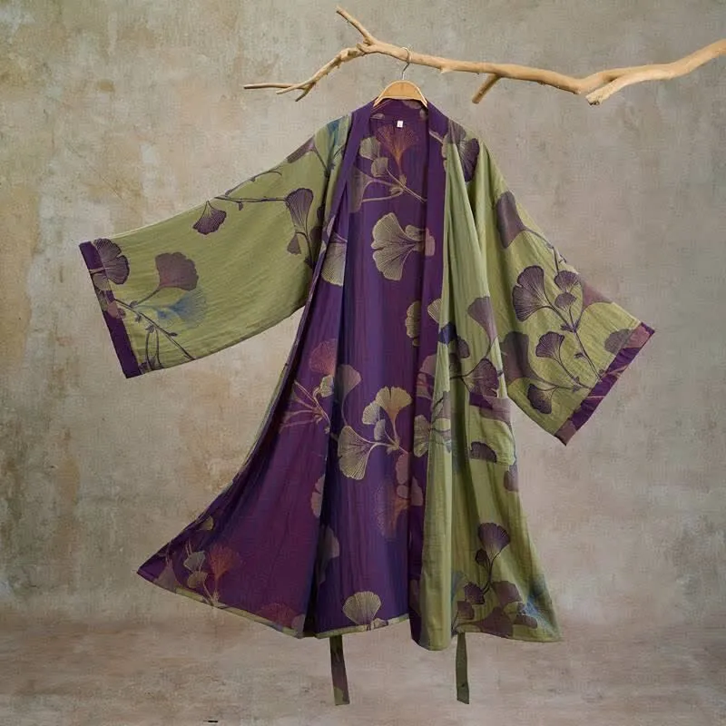 Retro-Kimono aus Baumwolle mit Ginkgoblatt