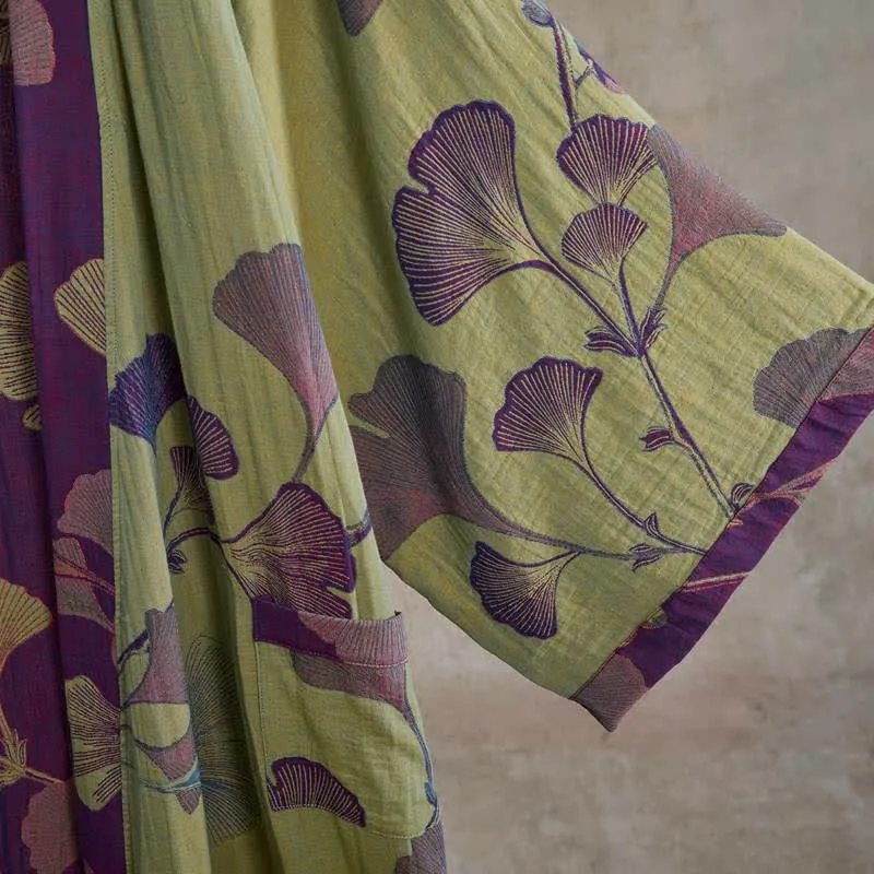 Retro-Kimono aus Baumwolle mit Ginkgoblatt