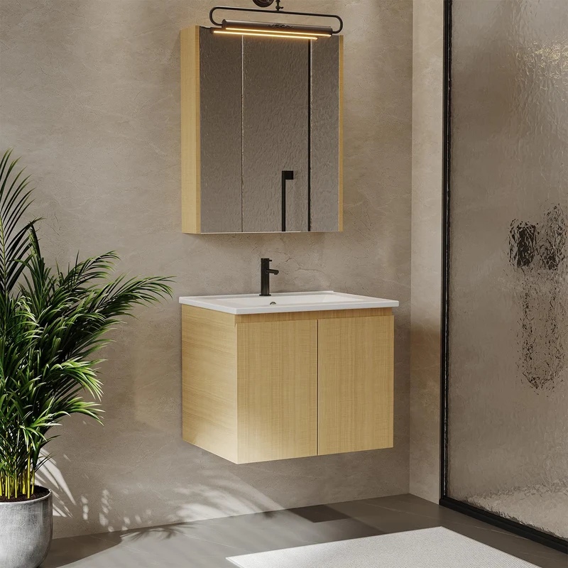 Garvee Mobile Bagno Moderno con Doppia Porta Lavabo Ceramica 60cm MDF E1 Eco Montaggio a Parete Bianco
