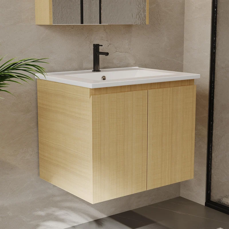 Garvee Mobile Bagno Moderno con Doppia Porta Lavabo Ceramica 60cm MDF E1 Eco Montaggio a Parete Bianco