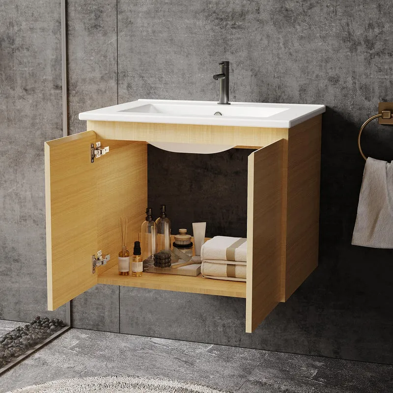 Garvee Mobile Bagno Moderno con Doppia Porta Lavabo Ceramica 60cm MDF E1 Eco Montaggio a Parete Bianco