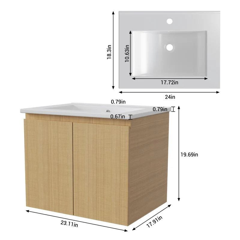 Garvee Mobile Bagno Moderno con Doppia Porta Lavabo Ceramica 60cm MDF E1 Eco Montaggio a Parete Bianco