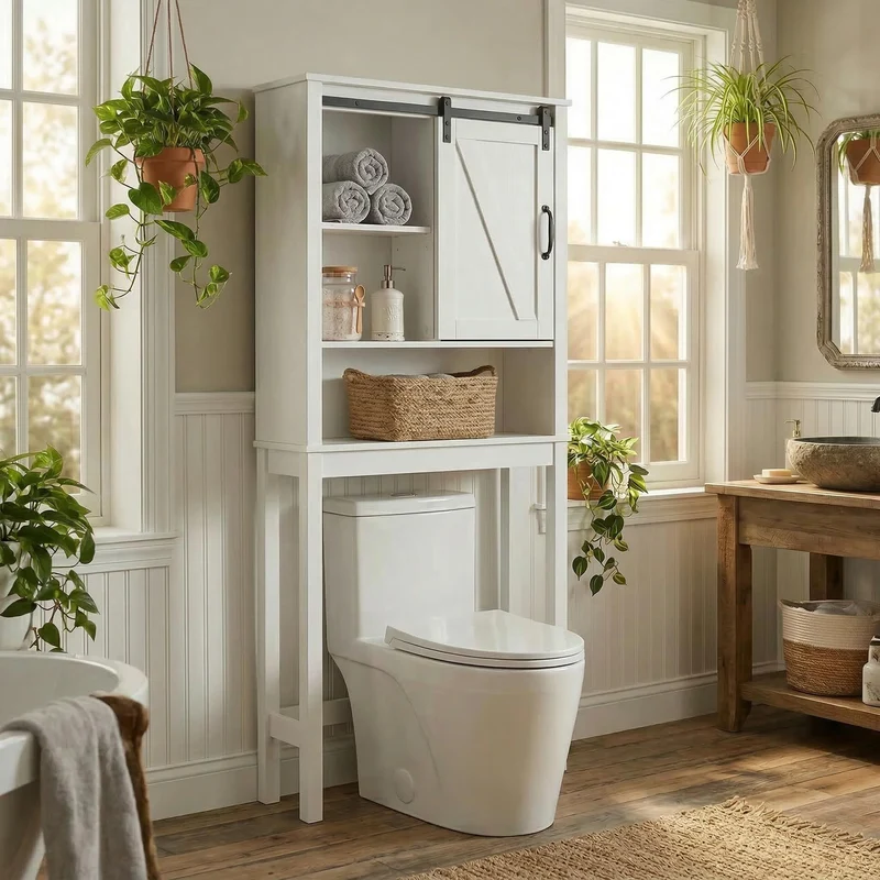 Garvee Mensola Bagno Sopra WC Salvaspazio Bianco MDF Con Porta Scorrevole, Ripiani Regolabili, 69x23x170cm, Bagni Compatti
