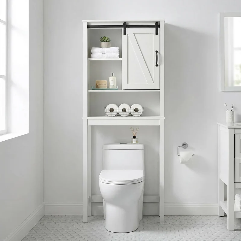 Garvee Mensola Bagno Sopra WC Salvaspazio Bianco MDF Con Porta Scorrevole, Ripiani Regolabili, 69x23x170cm, Bagni Compatti