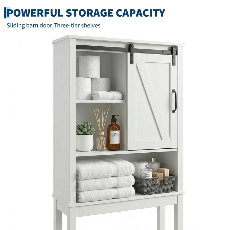 Garvee Mensola Bagno Sopra WC Salvaspazio Bianco MDF Con Porta Scorrevole, Ripiani Regolabili, 69x23x170cm, Bagni Compatti
