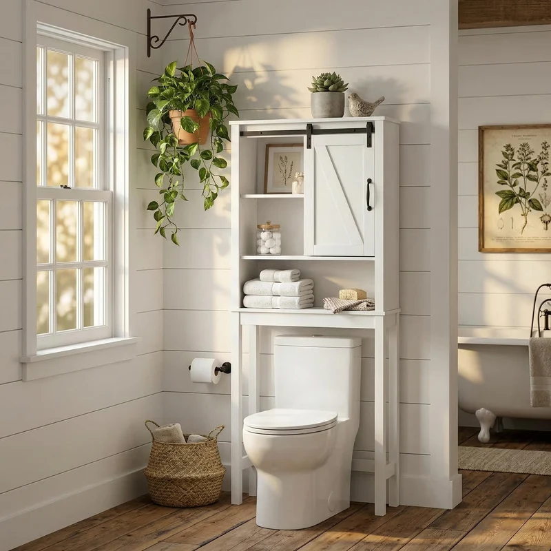 Garvee Mensola Bagno Sopra WC Salvaspazio Bianco MDF Con Porta Scorrevole, Ripiani Regolabili, 69x23x170cm, Bagni Compatti
