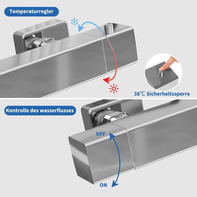Garvee Duscharmatur Thermostat Quadratisch Chrom Einzelabgang Für Modernes Badezimmer, Zinklegierung, Chrom