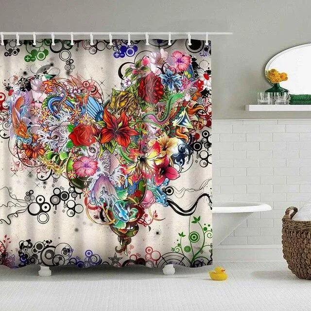 Bunter Duschvorhang mit Blumenherz Design