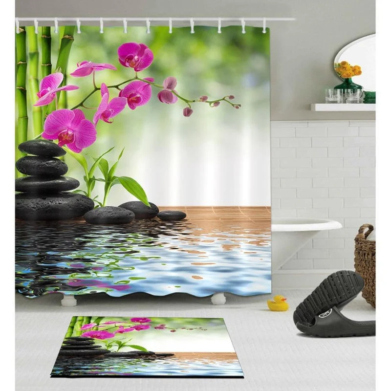 Duschvorhang mit Orchidee und Zen-Steinen