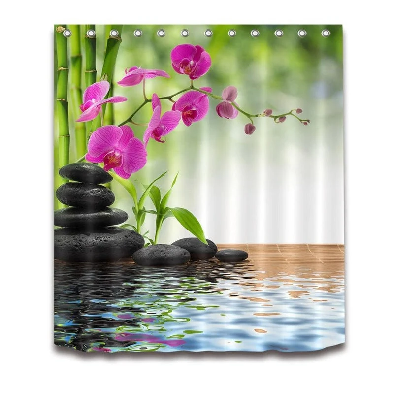 Duschvorhang mit Orchidee und Zen-Steinen