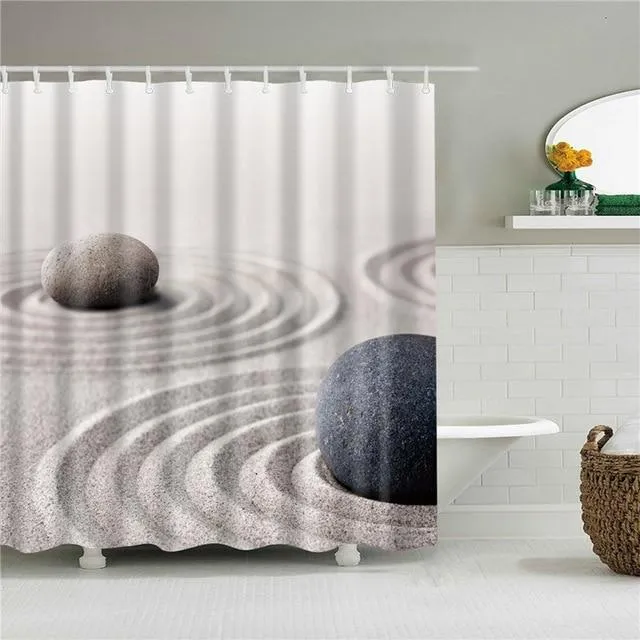 Beige Zen Duschvorhang Sand und Steine