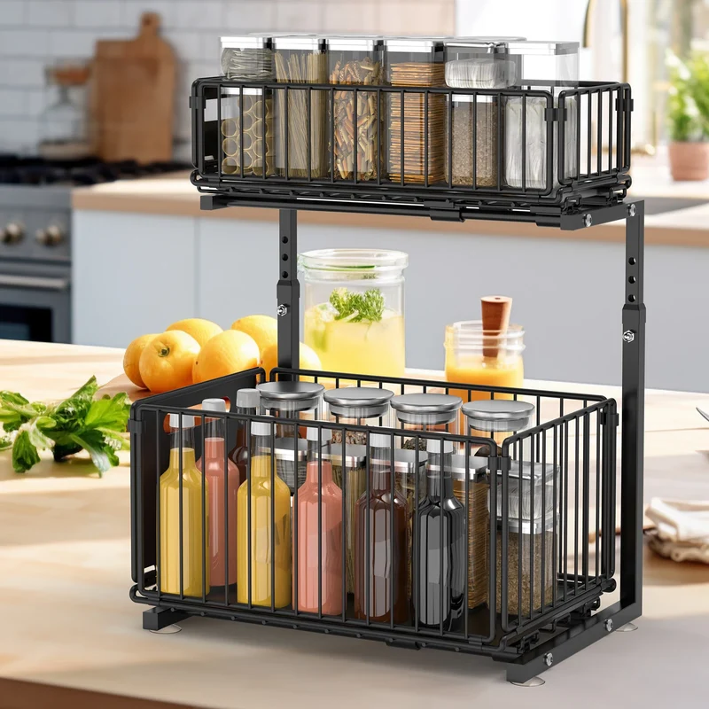 Ausziehbarer Küchenschrank Organizer 2 Ebenen – Unterspülen Regal | Gewürzregal mit Schubladen | Höhenverstellbar
