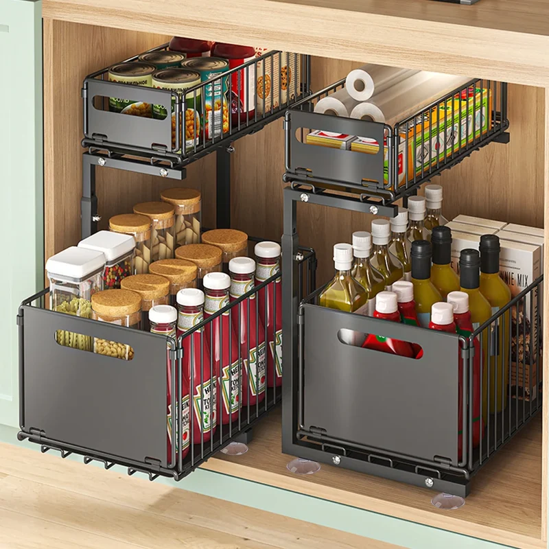 Ausziehbarer Küchen Unterschrank Organizer 2 Ebenen – L-förmiger Spülenschrank Korb | Stauraum Maximieren | Stahlregal