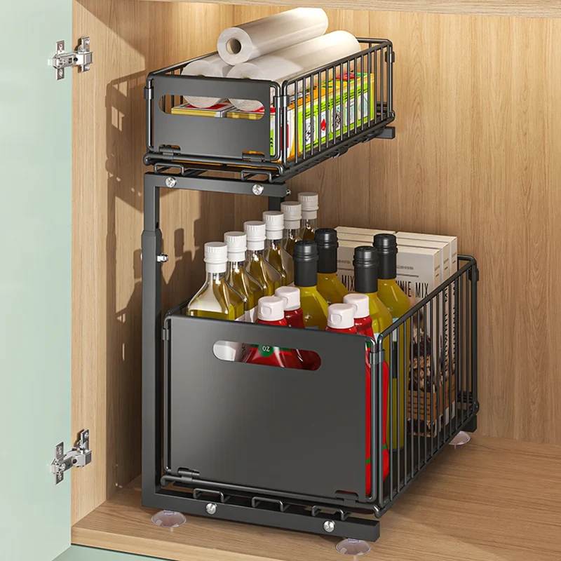 Ausziehbarer Küchen Unterschrank Organizer 2 Ebenen – L-förmiger Spülenschrank Korb | Stauraum Maximieren | Stahlregal