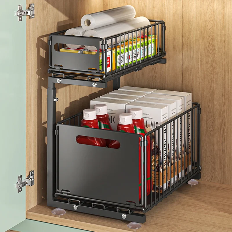 Ausziehbarer Küchen Unterschrank Organizer 2 Ebenen – L-förmiger Spülenschrank Korb | Stauraum Maximieren | Stahlregal