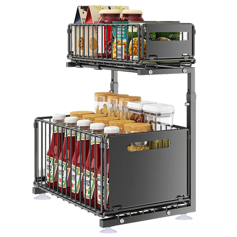 Ausziehbarer Küchen Unterschrank Organizer 2 Ebenen – L-förmiger Spülenschrank Korb | Stauraum Maximieren | Stahlregal