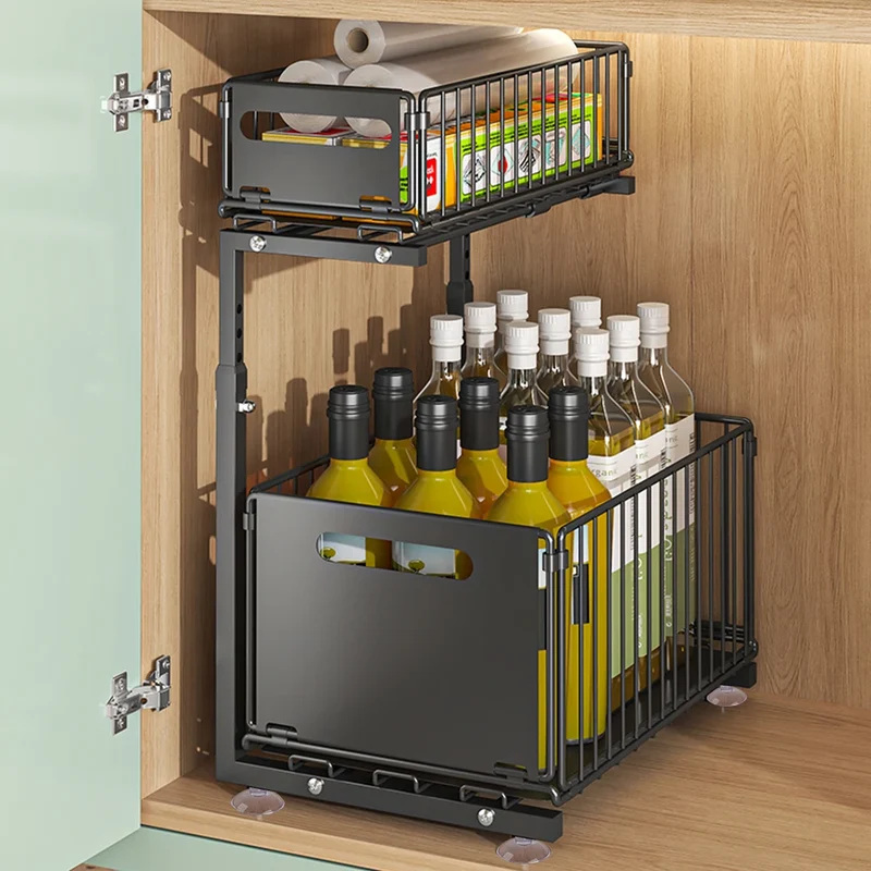 Ausziehbarer Küchen Unterschrank Organizer 2 Ebenen – L-förmiger Spülenschrank Korb | Stauraum Maximieren | Stahlregal