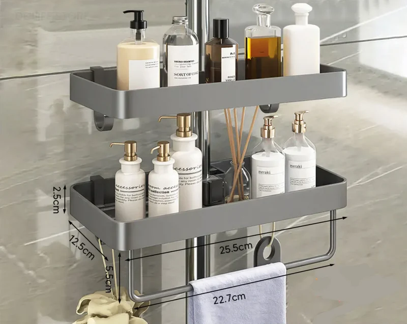 AquaFix Duschregal Ohne Bohren – Doppelablage Aluminium | Mit Handtuchstange | Rostfrei & Platzsparend