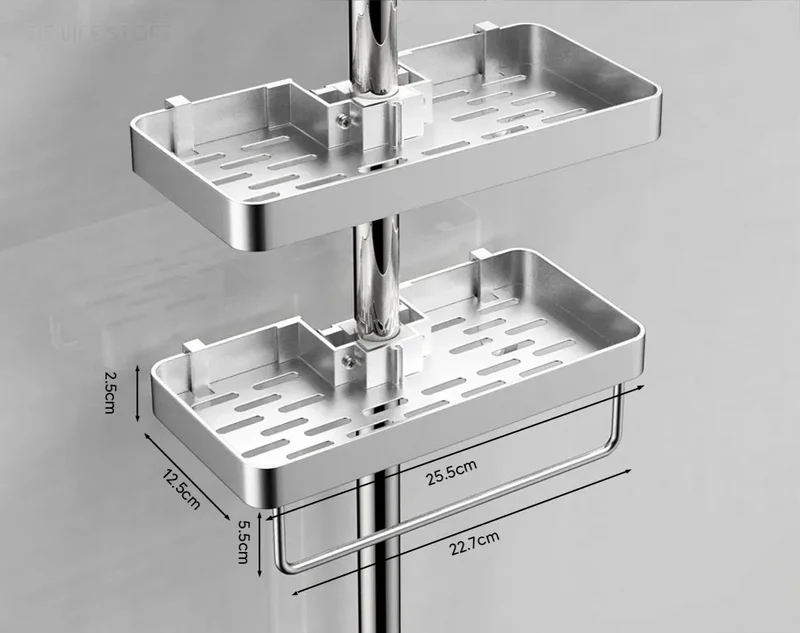 AquaFix Duschregal Ohne Bohren – Doppelablage Aluminium | Mit Handtuchstange | Rostfrei & Platzsparend