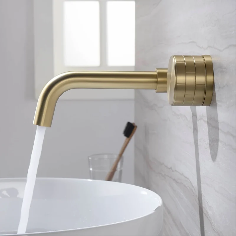 LUMIRA Minimalist Wand-Waschtischarmatur aus Messing – Gebürstetes Gold / Roségold, 2-Loch Unterputz Badarmatur mit Einhebelmischer