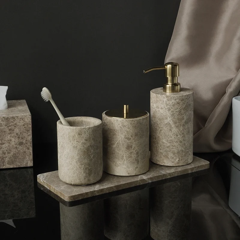 ImperioMarble Emperador Light – Luxus Naturmarmor Badezimmer Accessoires Set (7-teilig)