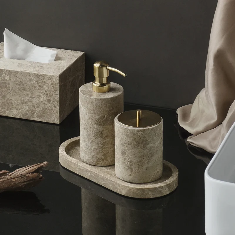 ImperioMarble Emperador Light – Luxus Naturmarmor Badezimmer Accessoires Set (7-teilig)