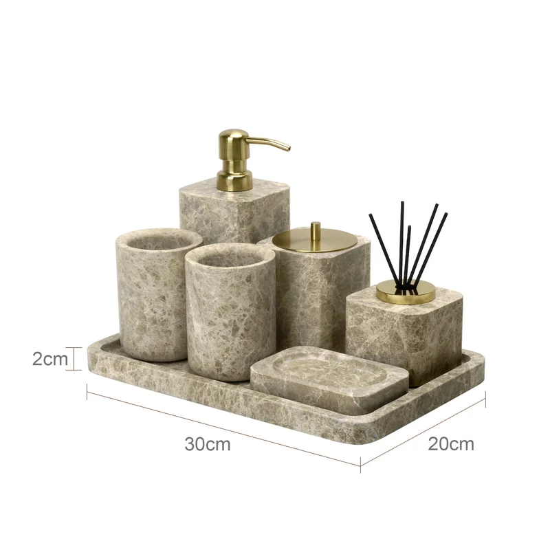 ImperioMarble Emperador Light – Luxus Naturmarmor Badezimmer Accessoires Set (7-teilig)