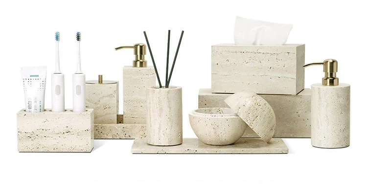 TraveraStone Luxury Travertin Badezimmer-Accessoires Set – Elegantes Naturstein Bad-Set mit Seifenspender, Zahnbürstenhalter & Tablett