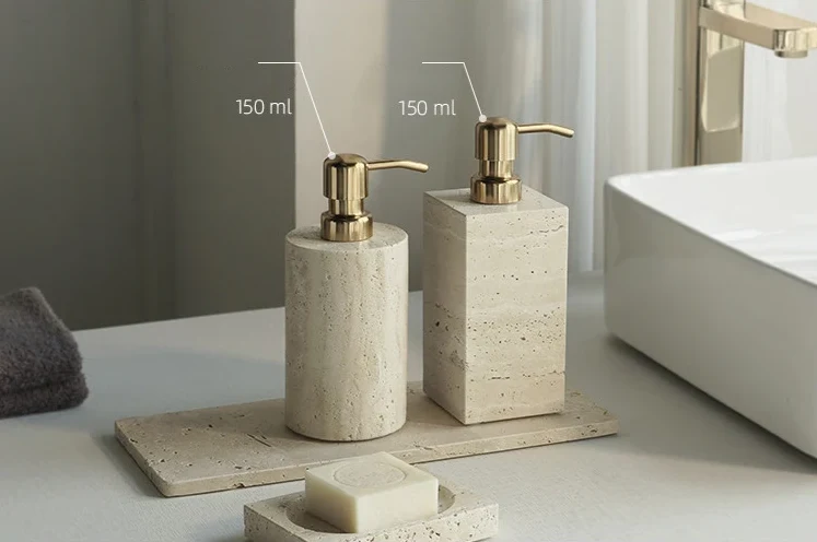 TraveraStone Luxury Travertin Badezimmer-Accessoires Set – Elegantes Naturstein Bad-Set mit Seifenspender, Zahnbürstenhalter & Tablett