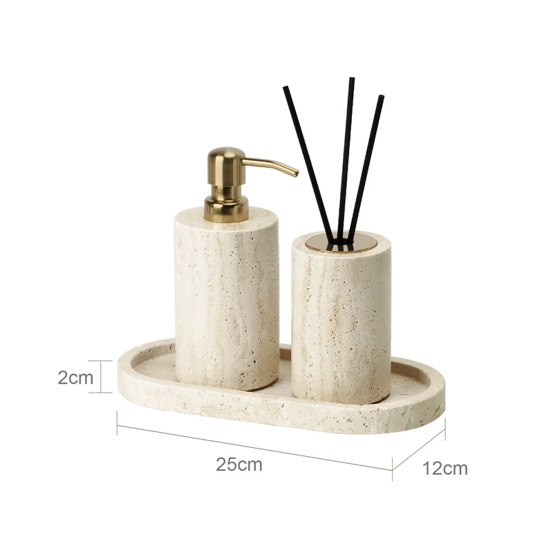 TraveraStone Luxury Travertin Badezimmer-Accessoires Set – Elegantes Naturstein Bad-Set mit Seifenspender, Zahnbürstenhalter & Tablett