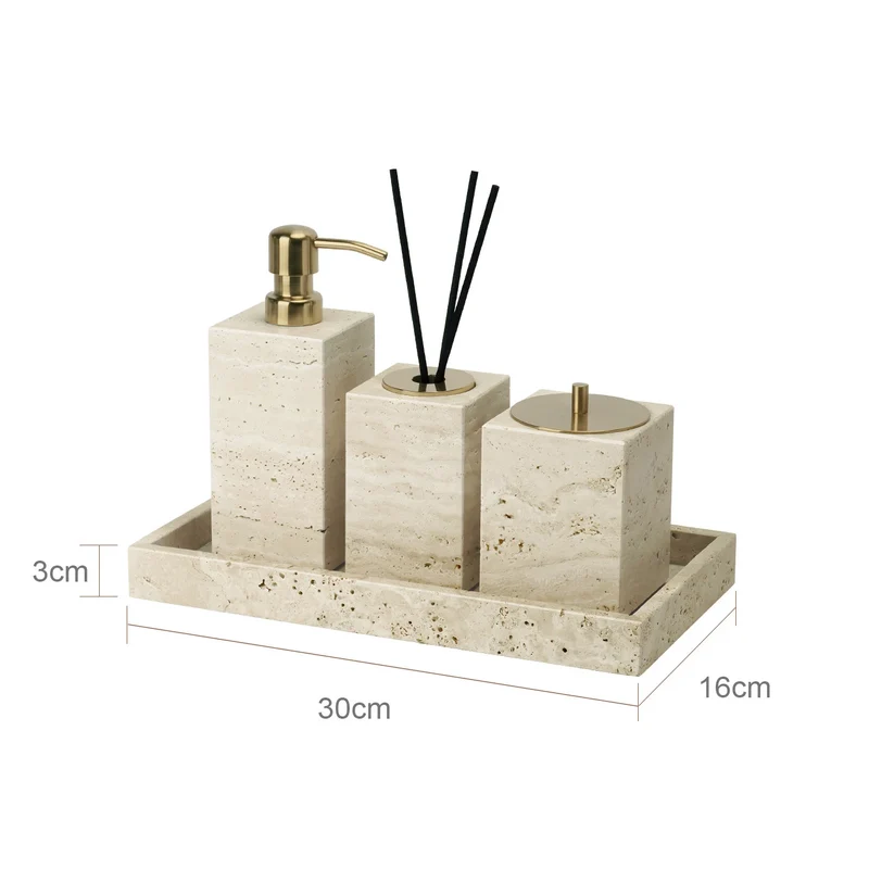 TraveraStone Luxury Travertin Badezimmer-Accessoires Set – Elegantes Naturstein Bad-Set mit Seifenspender, Zahnbürstenhalter & Tablett