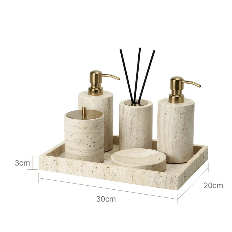 TraveraStone Luxury Travertin Badezimmer-Accessoires Set – Elegantes Naturstein Bad-Set mit Seifenspender, Zahnbürstenhalter & Tablett