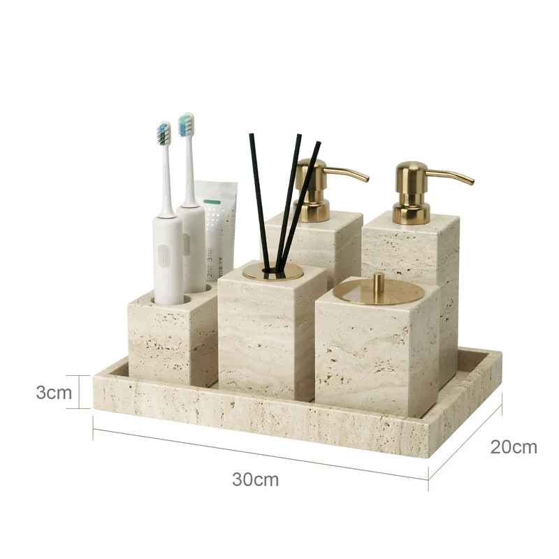 TraveraStone Luxury Travertin Badezimmer-Accessoires Set – Elegantes Naturstein Bad-Set mit Seifenspender, Zahnbürstenhalter & Tablett