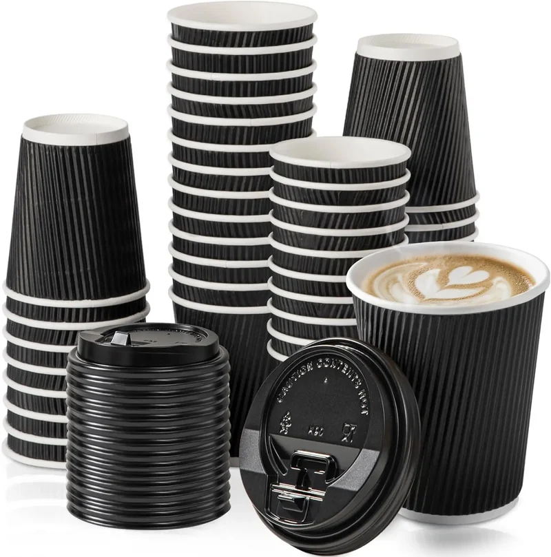 Einweg-Kaffeebecher 12oz mit Deckel – Triple Wall Isolierung, Schwarz & Weiß | 15, 25 oder 50 Stück