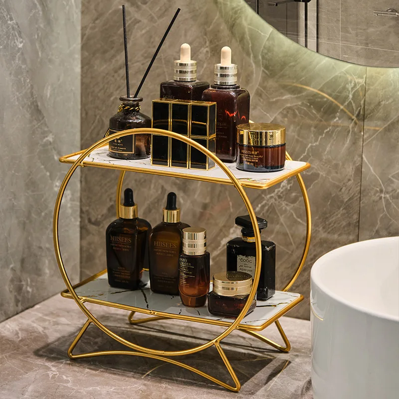 AureliaTower Premium 2-Stöckiger Bad- & Kosmetik-Organizer – Gold/Schwarz Parfüm & Make-up Regal mit Marmor-Optik