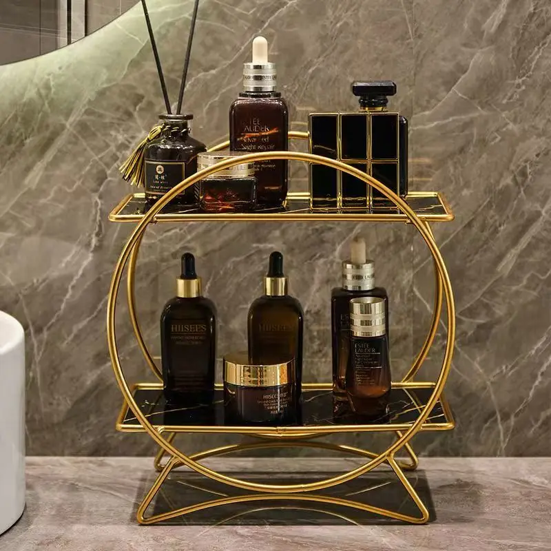 AureliaTower Premium 2-Stöckiger Bad- & Kosmetik-Organizer – Gold/Schwarz Parfüm & Make-up Regal mit Marmor-Optik