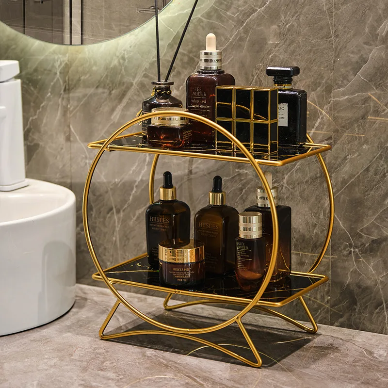 AureliaTower Premium 2-Stöckiger Bad- & Kosmetik-Organizer – Gold/Schwarz Parfüm & Make-up Regal mit Marmor-Optik