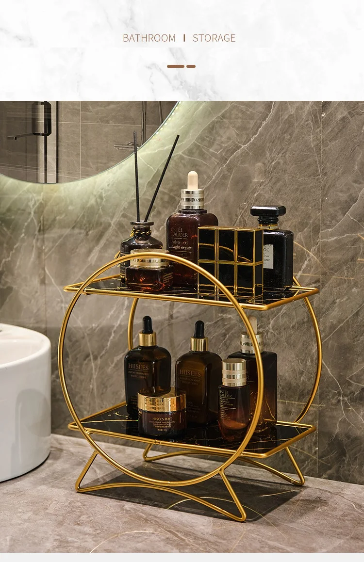 AureliaTower Premium 2-Stöckiger Bad- & Kosmetik-Organizer – Gold/Schwarz Parfüm & Make-up Regal mit Marmor-Optik