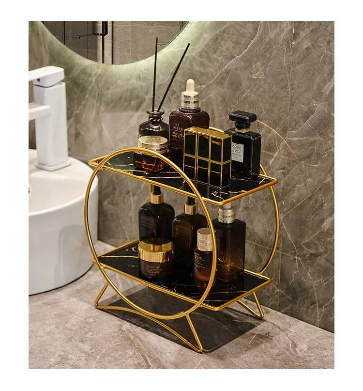 AureliaTower Premium 2-Stöckiger Bad- & Kosmetik-Organizer – Gold/Schwarz Parfüm & Make-up Regal mit Marmor-Optik