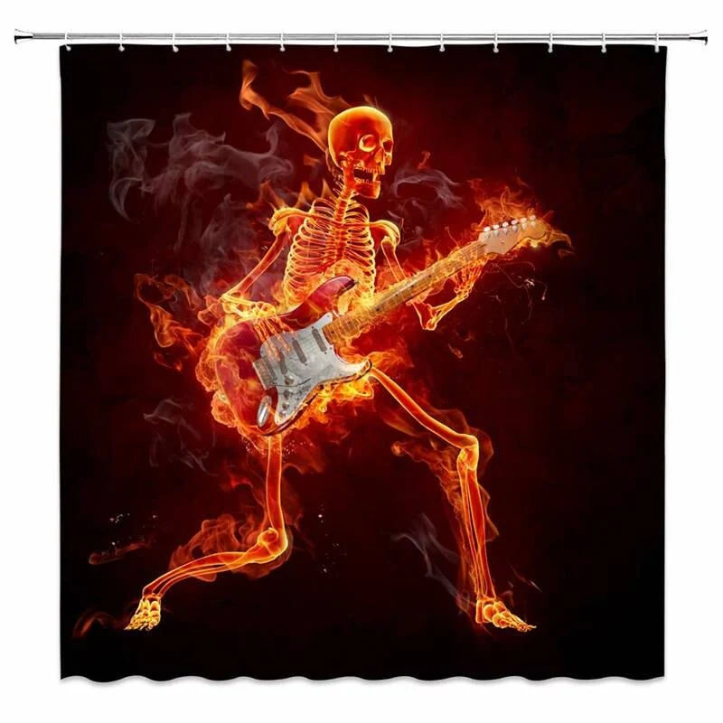 Rock Duschvorhang mit brennendem Gitarren Skelett