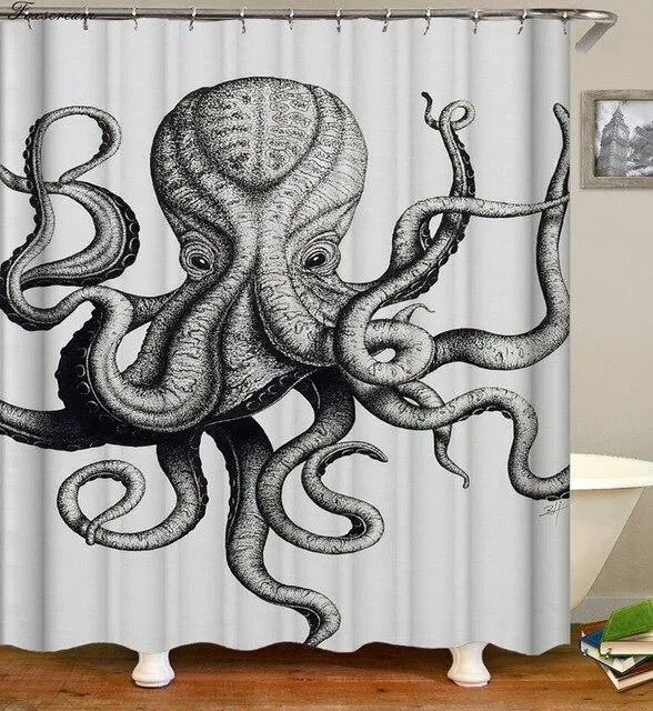 Vintage Duschvorhang mit Oktopus Krake Zeichnung
