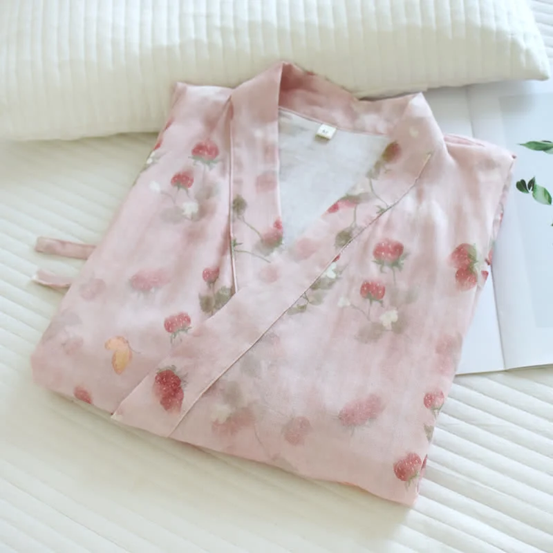 Kimono-Bademantel aus Baumwolle mit rosa Beeren- und Blumenmuster