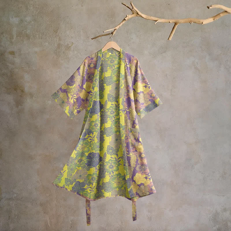 Kimono-Bademantel aus Baumwolle mit lila Blumenmuster