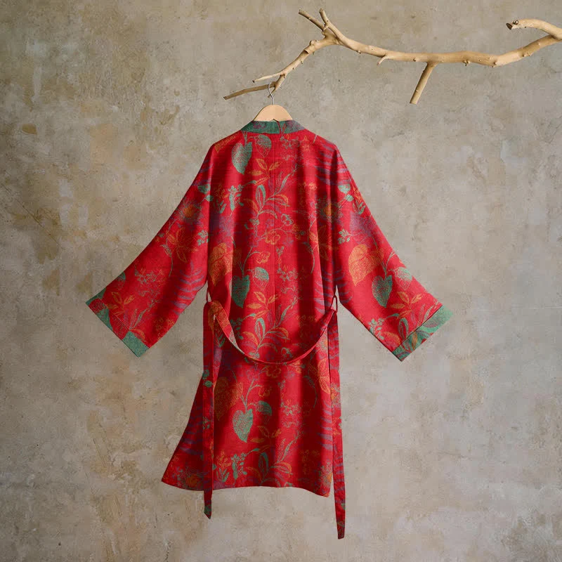 Retro-Baumwollkimono mit Blatt-Jacquardmuster