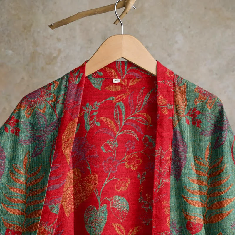 Retro-Baumwollkimono mit Blatt-Jacquardmuster