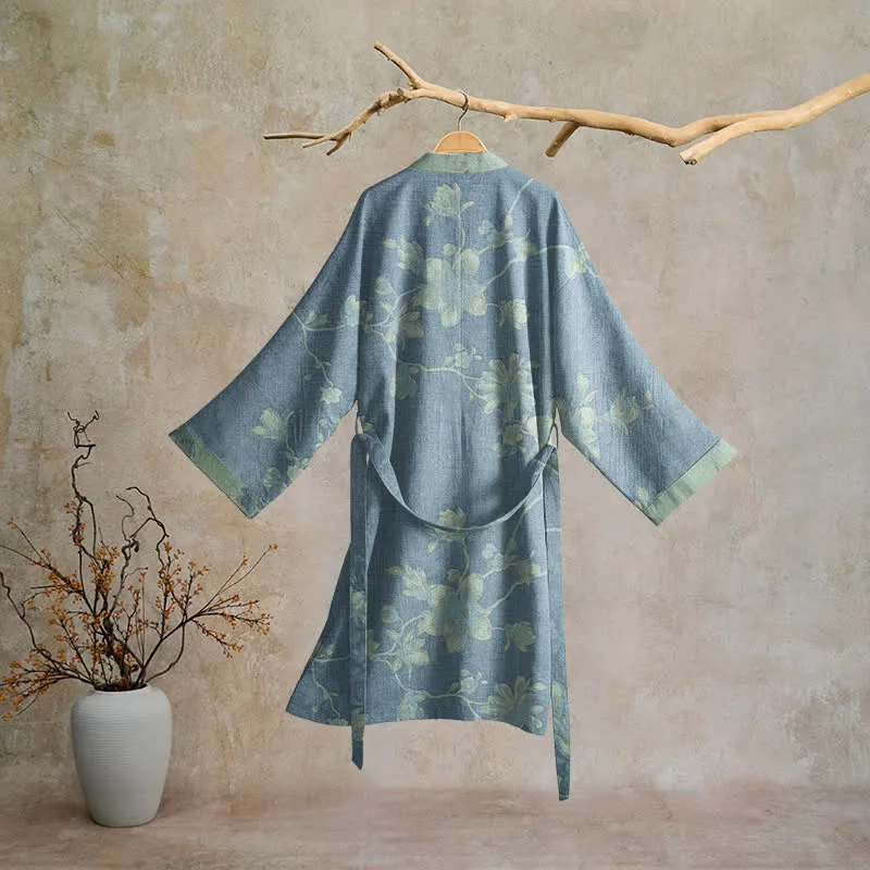Kimono-Bademantel aus Baumwolle, salbeiblau mit Blumenmuster